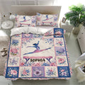 Gymnastics duvet cover bedding set presented in a modern bedroom with floral gymnast artwork
