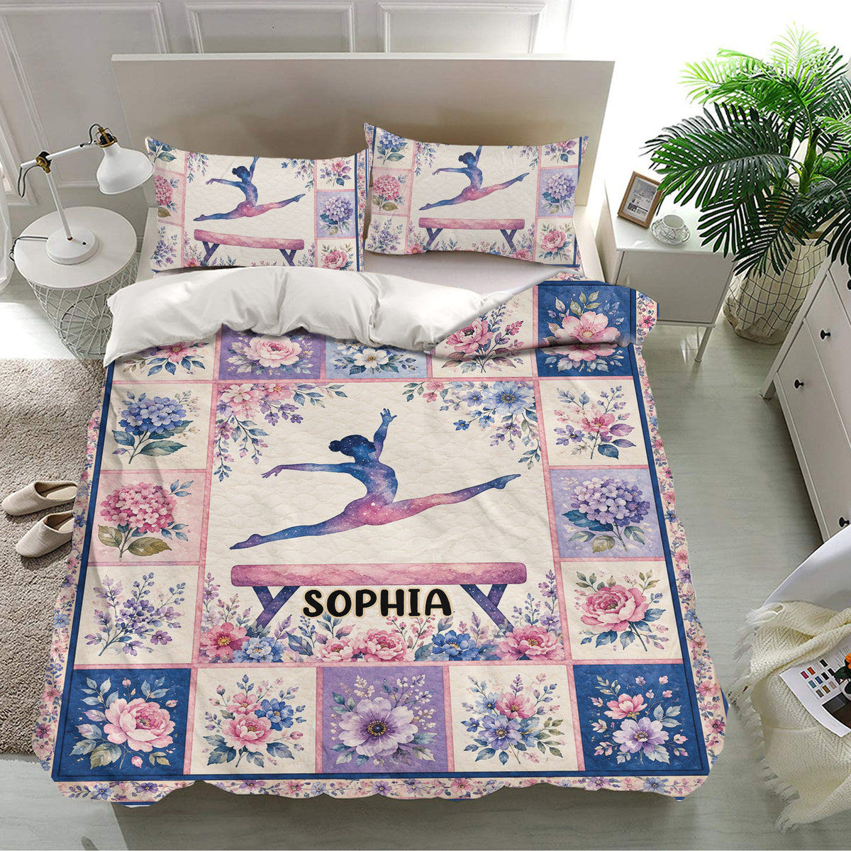 Gymnastics duvet cover bedding set presented in a modern bedroom with floral gymnast artwork
