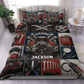 Mechanic duvet cover set displayed on a bed with engine, wrench, tool chest, and automotive repair artwork