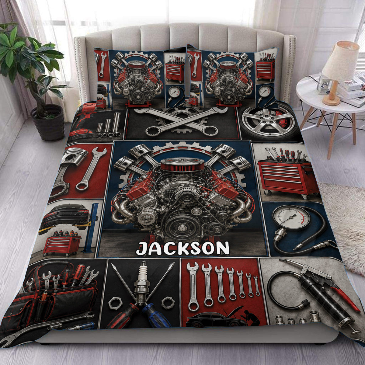 Mechanic duvet cover set displayed on a bed with engine, wrench, tool chest, and automotive repair artwork