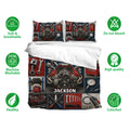 Mechanic bedding set with engine artwork, red tool chests, automotive tools, and matching pillowcases