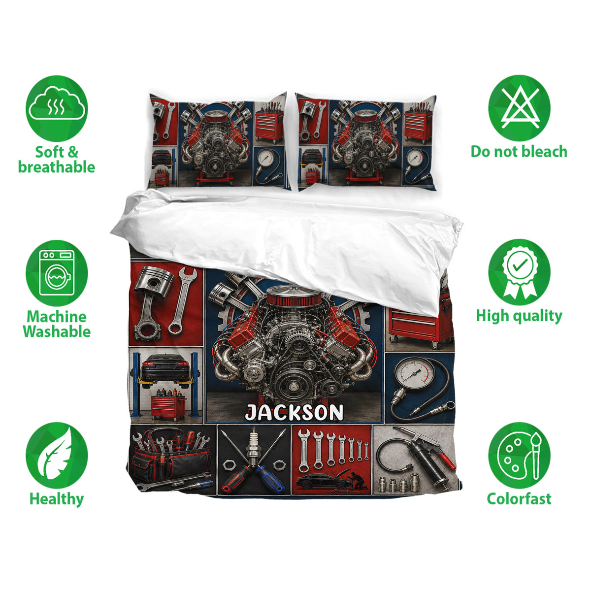 Mechanic bedding set with engine artwork, red tool chests, automotive tools, and matching pillowcases