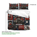 Mechanic duvet cover showing printable artwork, soft fabric callout, and detailed garage tool design