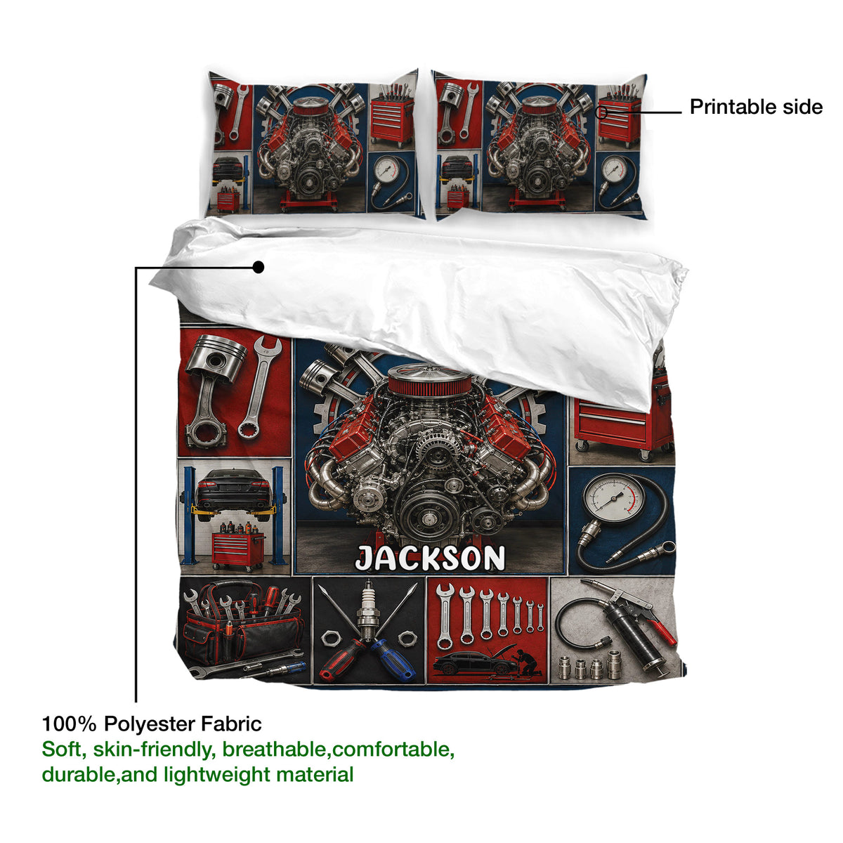 Mechanic duvet cover showing printable artwork, soft fabric callout, and detailed garage tool design