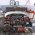 Mechanic duvet cover styled in a bedroom with bold engine, wrench, tire, and tool chest artwork