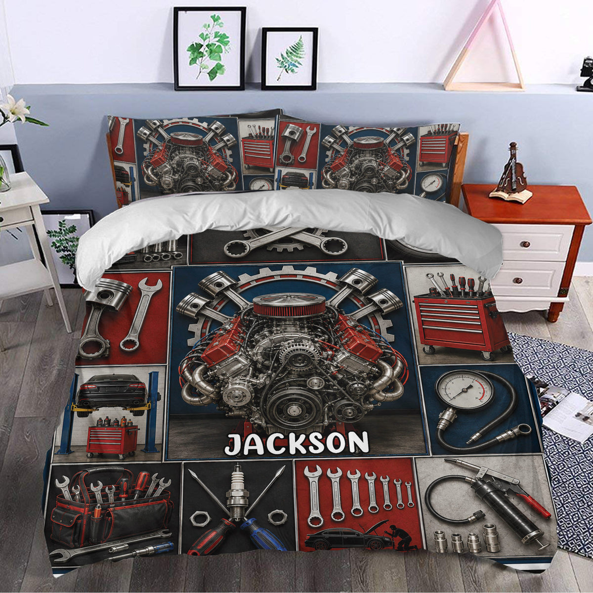 Mechanic duvet cover styled in a bedroom with bold engine, wrench, tire, and tool chest artwork