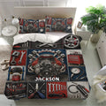Automotive mechanic bedding set displayed in a modern bedroom with engine and garage tool artwork
