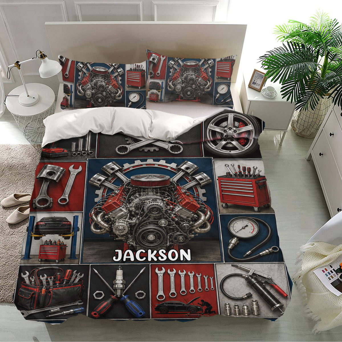 Automotive mechanic bedding set displayed in a modern bedroom with engine and garage tool artwork