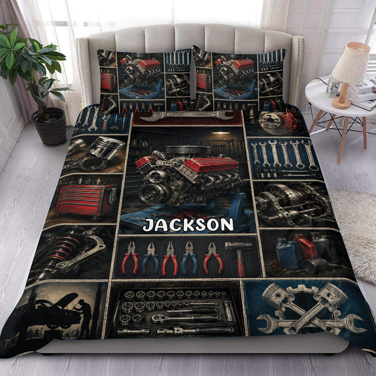 Mechanic duvet cover set displayed on a bed with engine, tools, gears, and automotive workshop artwork