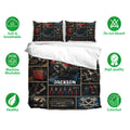 Mechanic bedding set shown with matching pillowcases and detailed engine, toolbox, wrench, and garage artwork