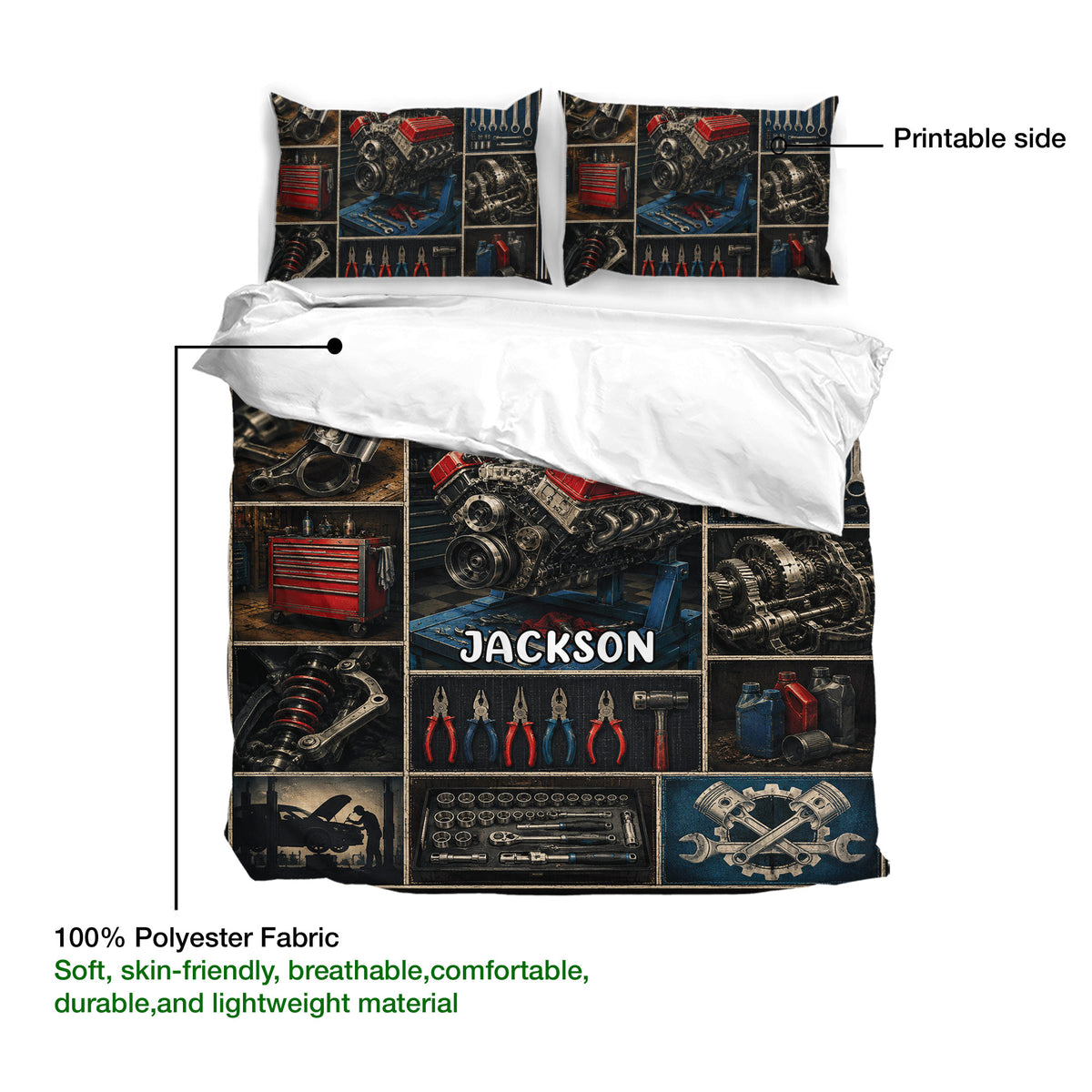 Mechanic duvet cover bedding set with printable artwork, soft fabric presentation, and automotive workshop design