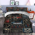 Mechanic duvet cover styled in a bedroom with engine, wrench, gear, and red toolbox artwork