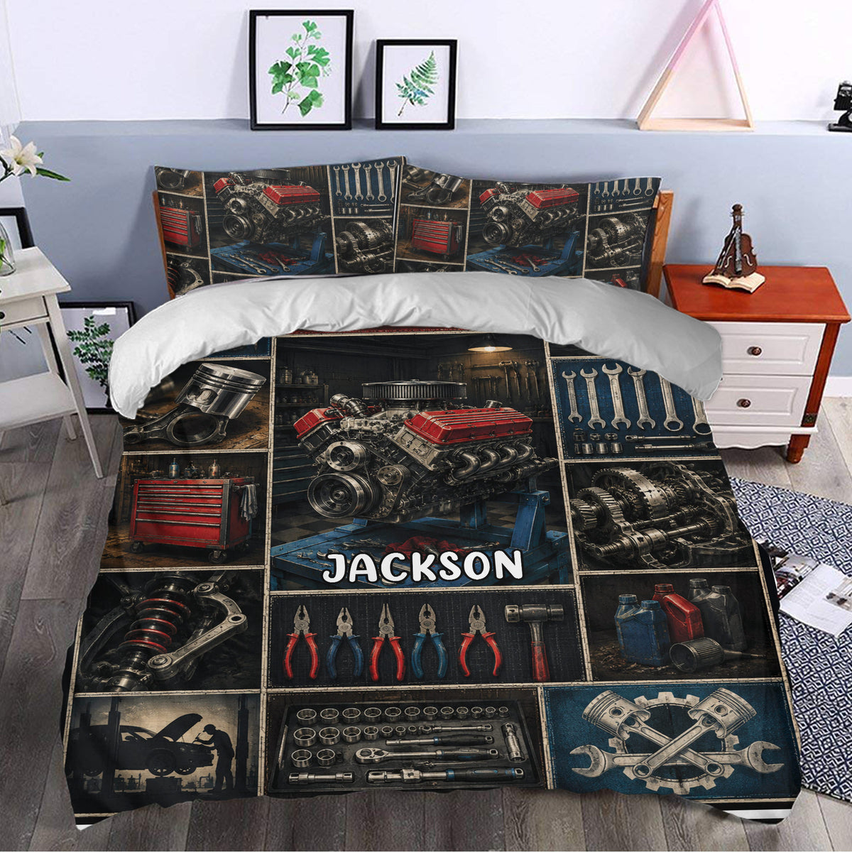 Mechanic duvet cover styled in a bedroom with engine, wrench, gear, and red toolbox artwork
