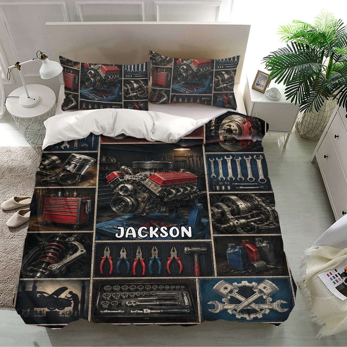 Automotive mechanic bedding set displayed in a bright bedroom with engine, tools, gears, and garage-inspired artwork