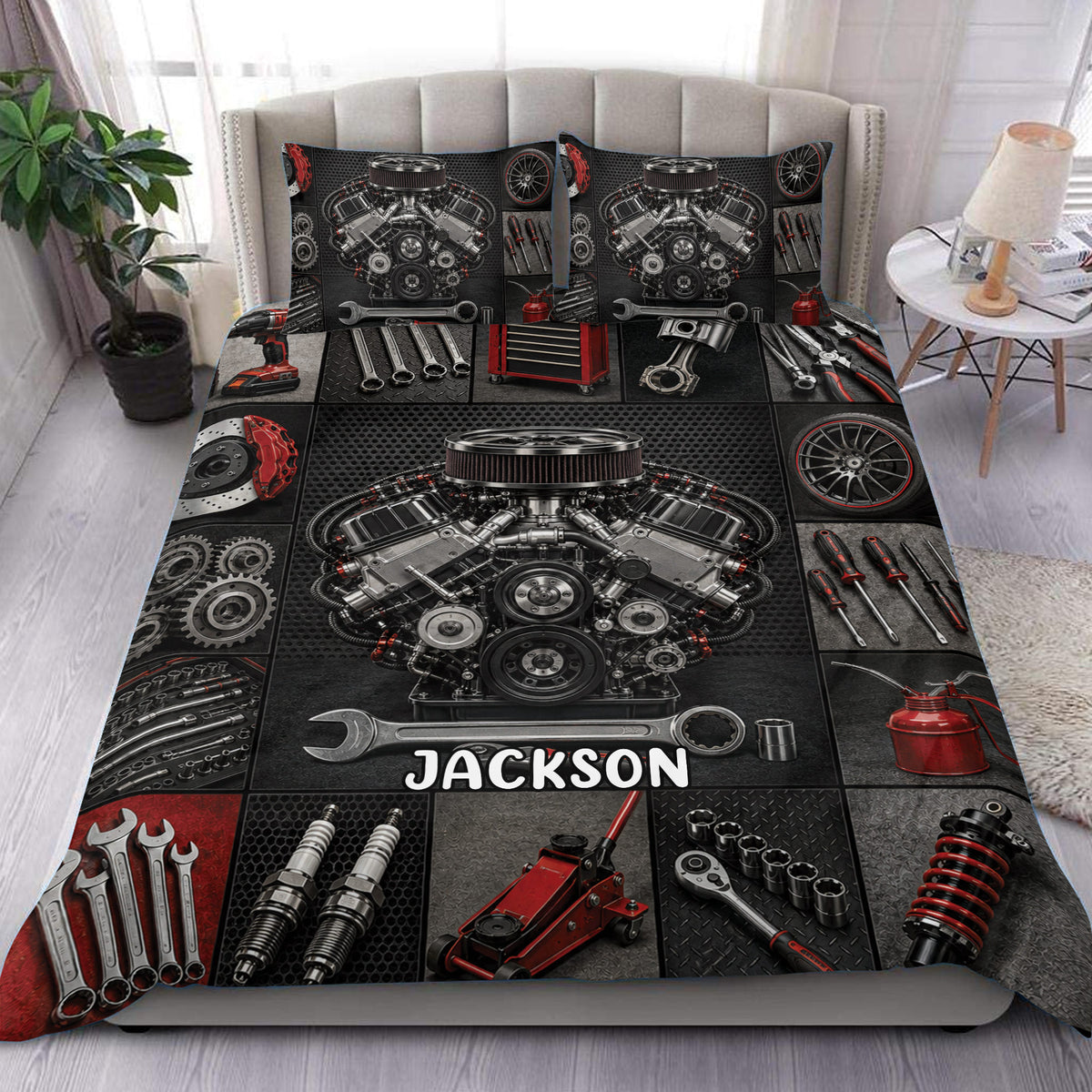 Mechanic duvet cover set displayed on a bed with an engine, tools, gears, wheels, and red accents