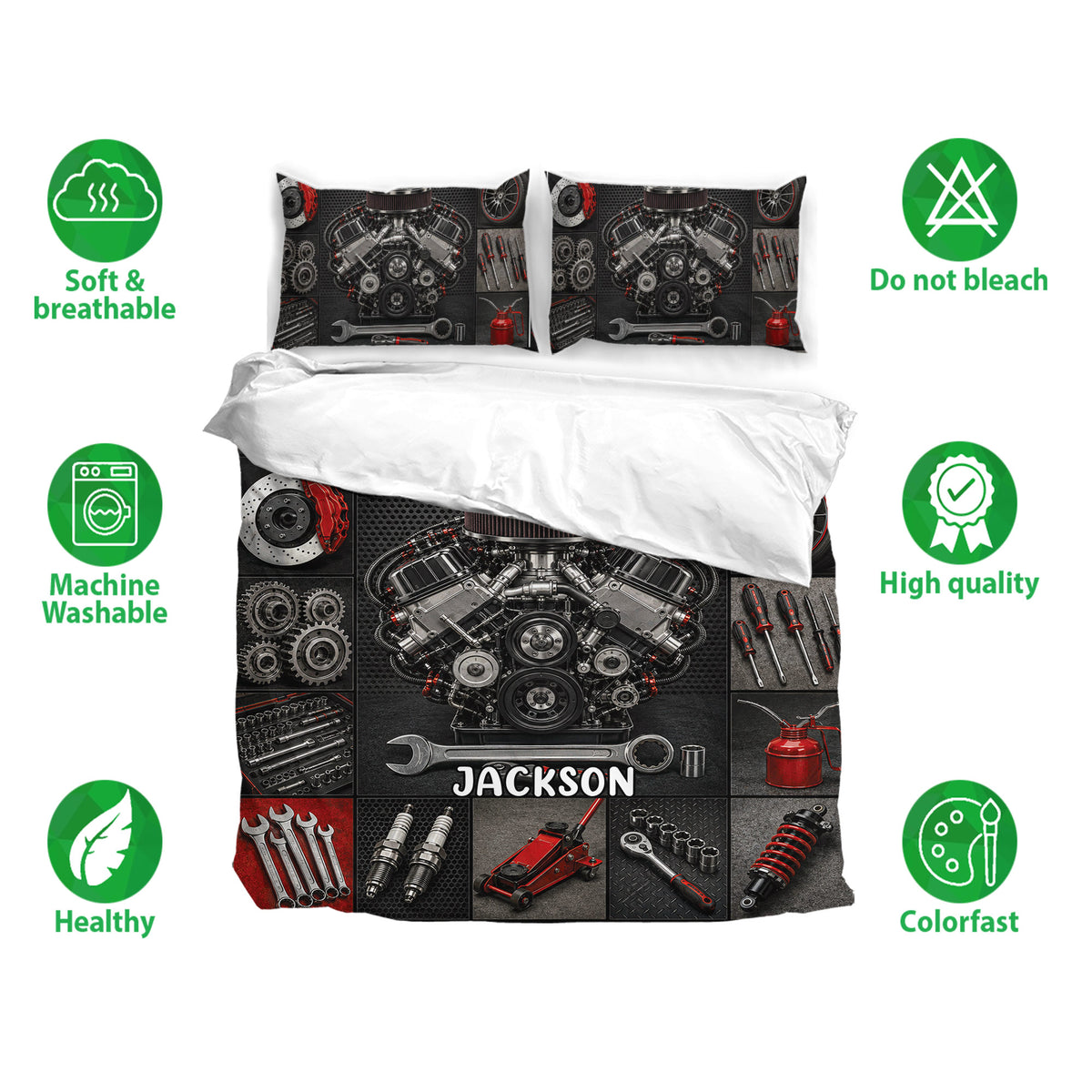 Mechanic bedding set with engine and tool artwork shown with matching pillowcases and soft breathable fabric