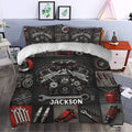 Mechanic duvet cover styled in a bedroom with bold engine artwork, garage tools, gears, and red highlights
