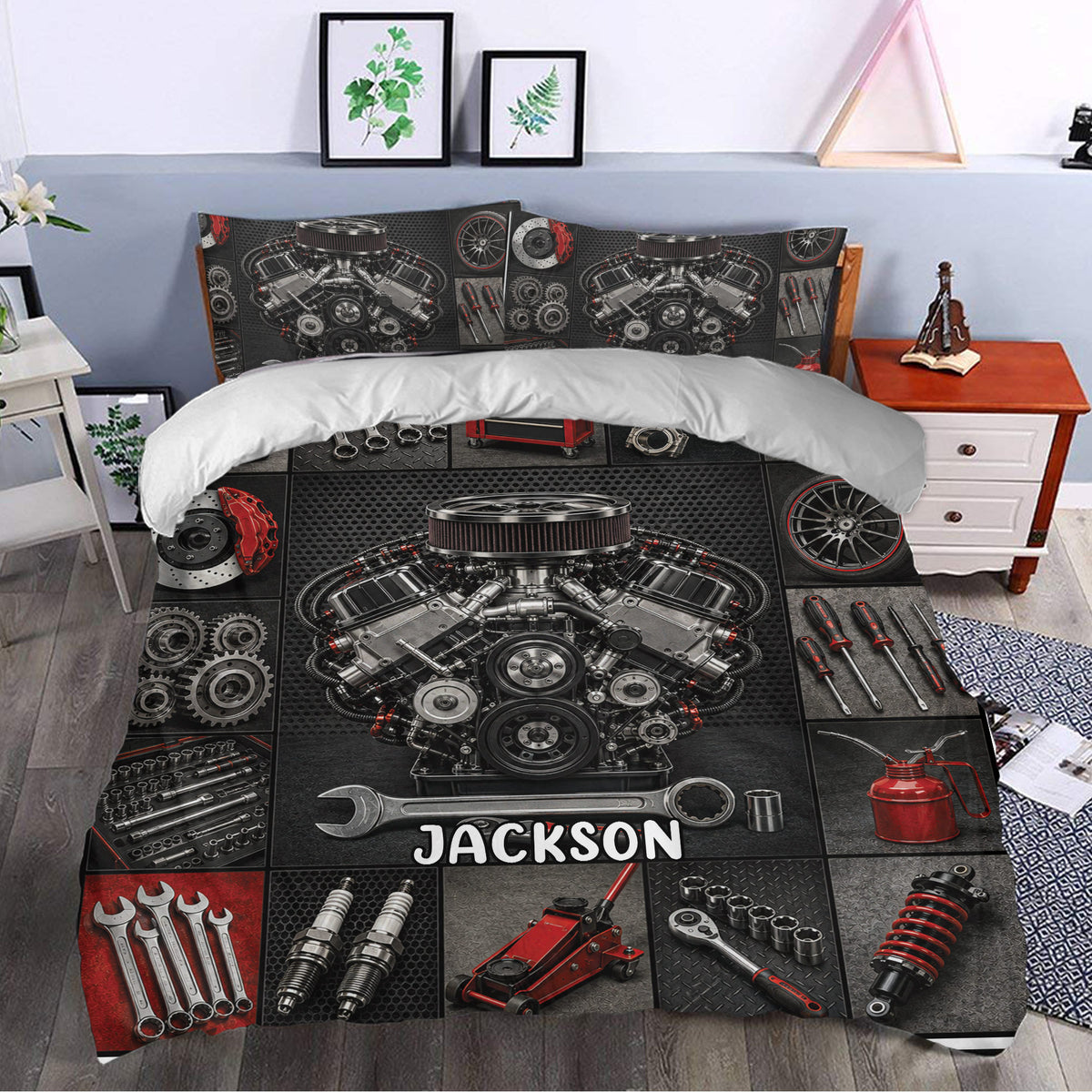 Mechanic duvet cover styled in a bedroom with bold engine artwork, garage tools, gears, and red highlights