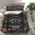 Mechanic bedding set presented on a modern bed with engine, wrench, socket, gear, and automotive artwork
