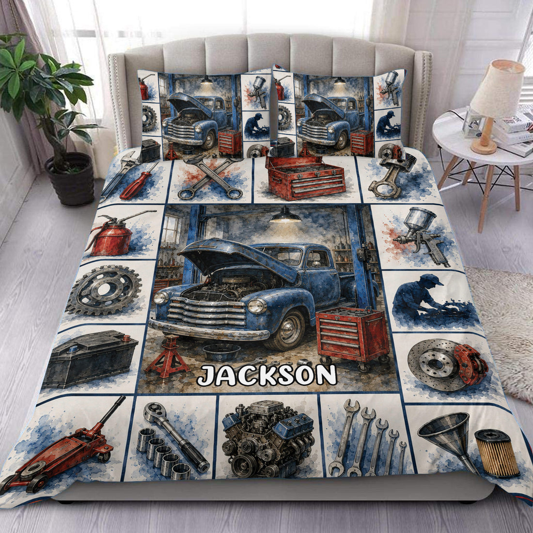 Mechanic duvet cover set displayed on a bed with vintage blue truck, garage tools, and watercolor artwork