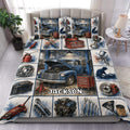 Mechanic duvet cover set displayed on a bed with vintage blue truck, garage tools, and watercolor artwork