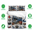 Mechanic bedding set shown with matching pillowcases, vintage truck artwork, and garage-inspired details