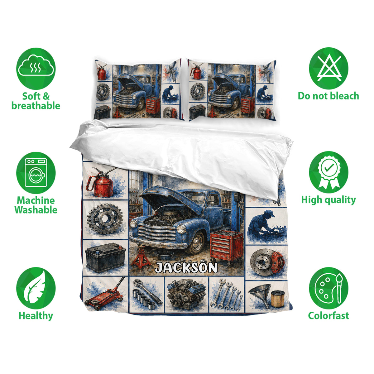 Mechanic bedding set shown with matching pillowcases, vintage truck artwork, and garage-inspired details