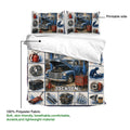 Mechanic duvet cover and pillowcases highlighting the printable side and soft blue garage artwork