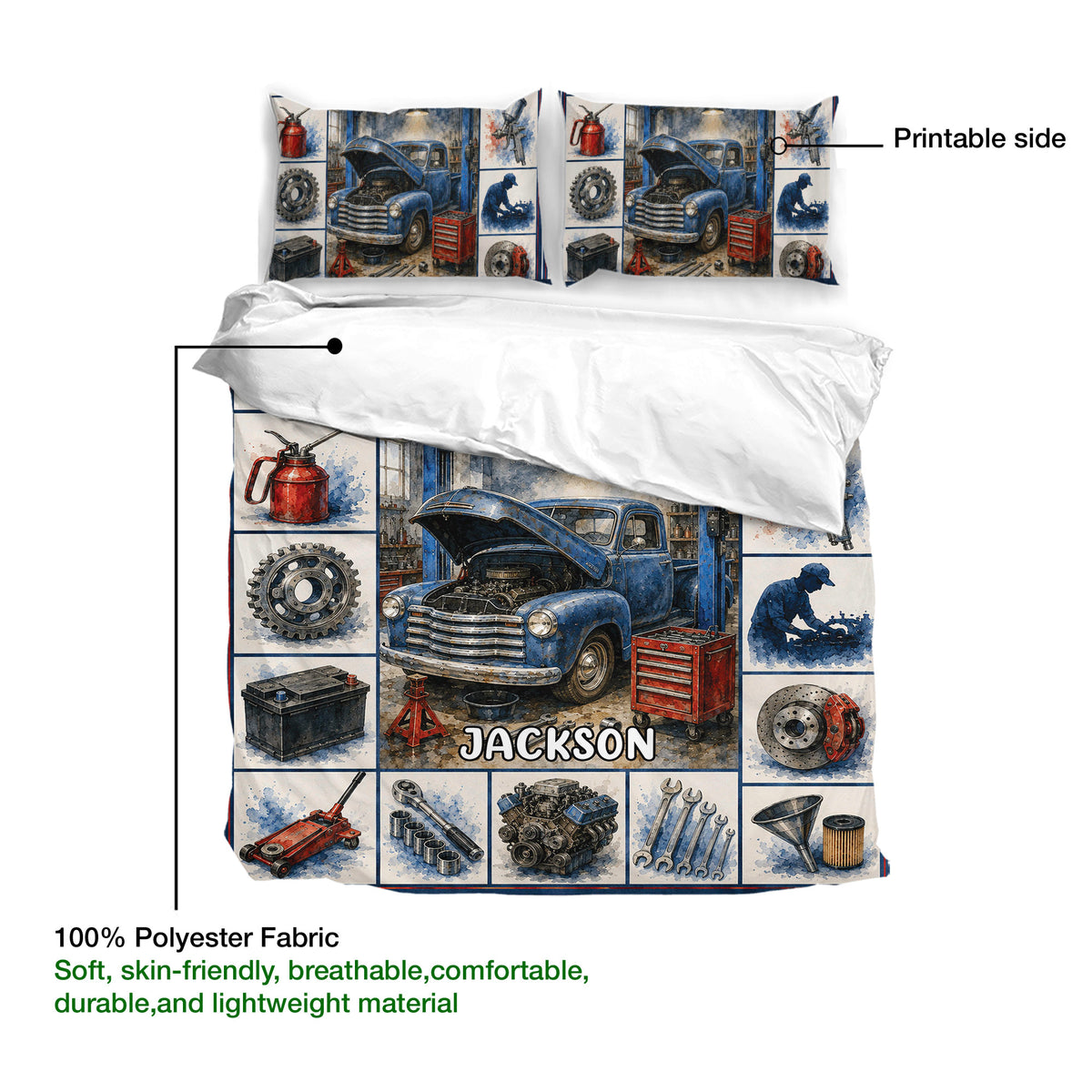 Mechanic duvet cover and pillowcases highlighting the printable side and soft blue garage artwork