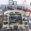 Mechanic duvet cover set styled in a bedroom with vintage truck, tools, engine, and workshop artwork