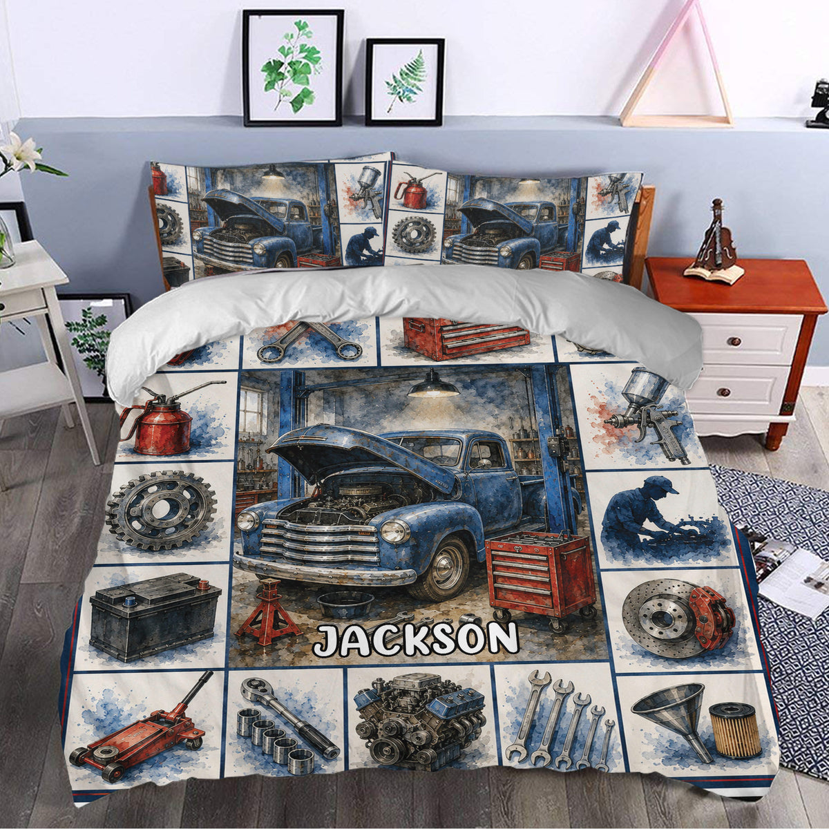 Mechanic duvet cover set styled in a bedroom with vintage truck, tools, engine, and workshop artwork