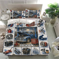 Automotive mechanic bedding set displayed in a bright bedroom with vintage truck and tool collage design