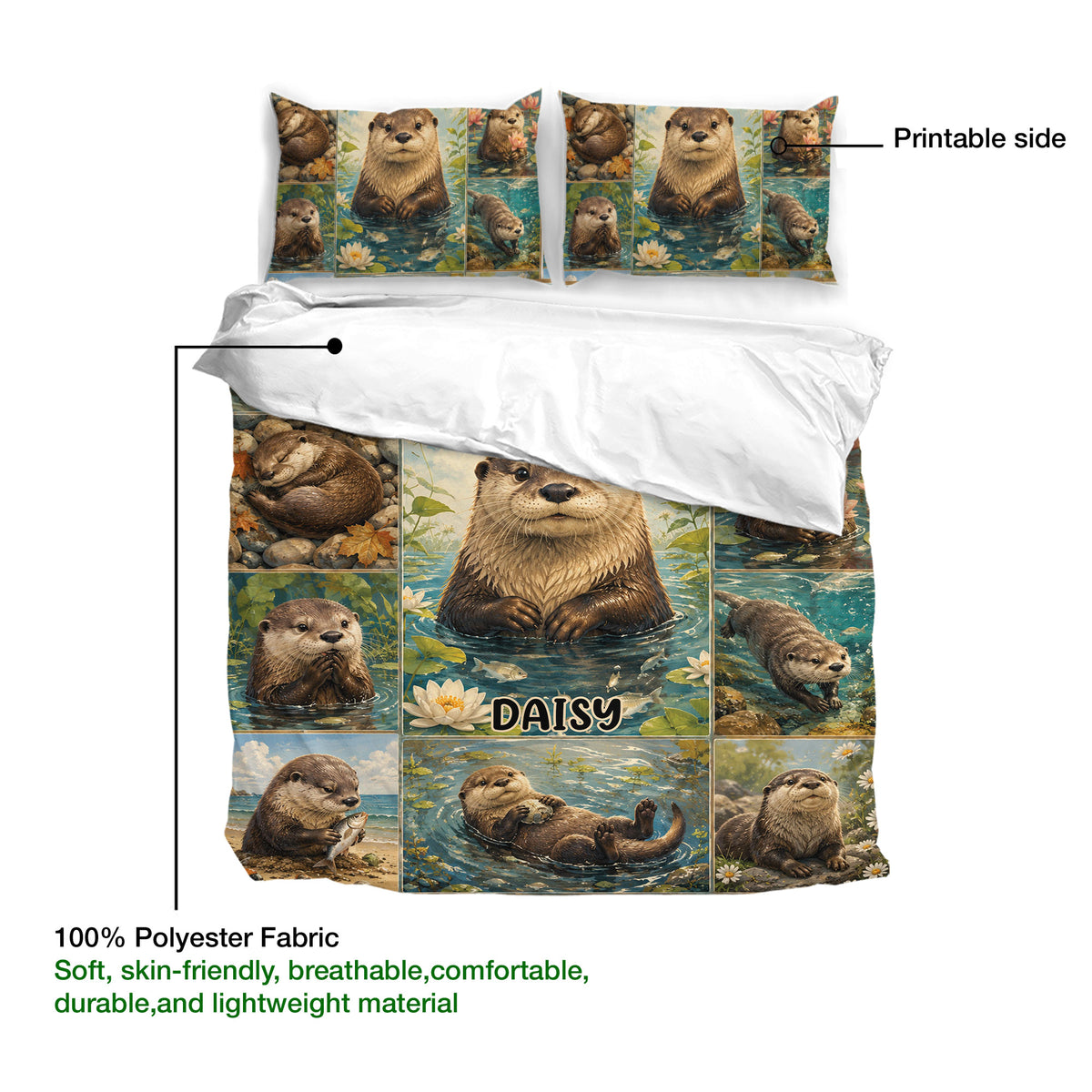 Otter duvet cover and matching pillowcases shown with the printed side and soft polyester fabric detail
