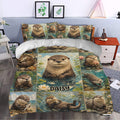 Otter duvet cover styled in a bedroom with aquatic scenes, water lilies, fish, and playful wildlife artwork