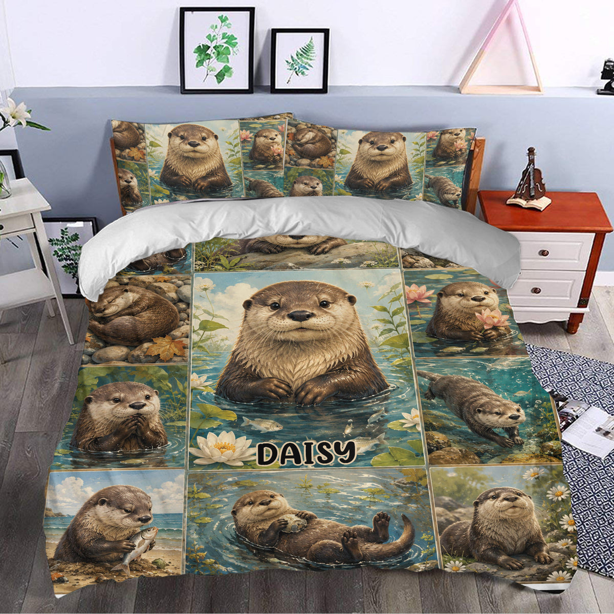 Otter duvet cover styled in a bedroom with aquatic scenes, water lilies, fish, and playful wildlife artwork