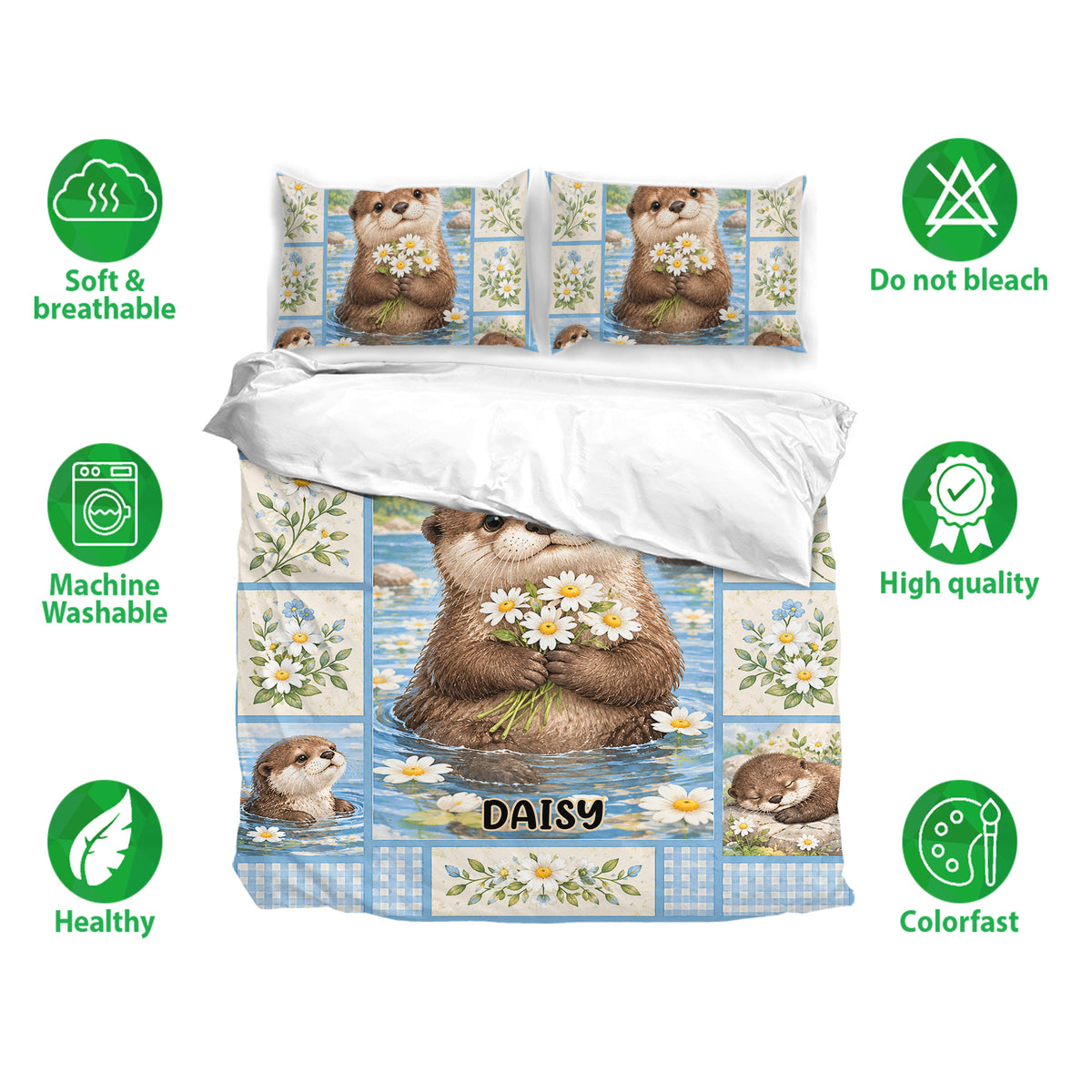 Otter bedding set with floral artwork shown with matching pillowcases in a full bed presentation