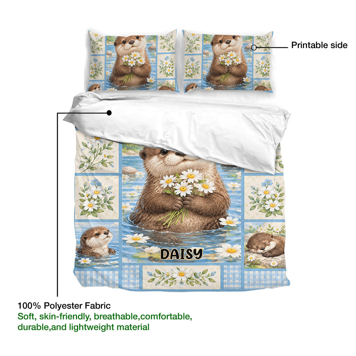 Otter duvet cover bedding set detail with floral panels, blue borders, and a central river scene