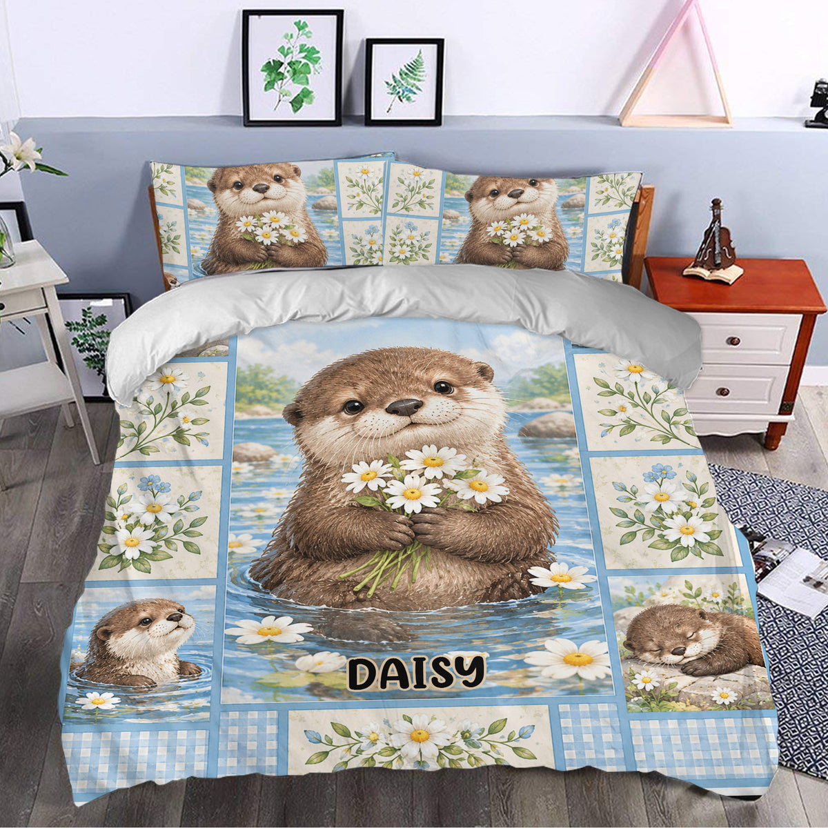 Otter duvet cover styled in a bedroom with matching pillows, daisies, and soft blue decor tones
