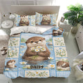 Otter bedding set displayed in a bright bedroom with floral borders, water scenes, and matching pillows