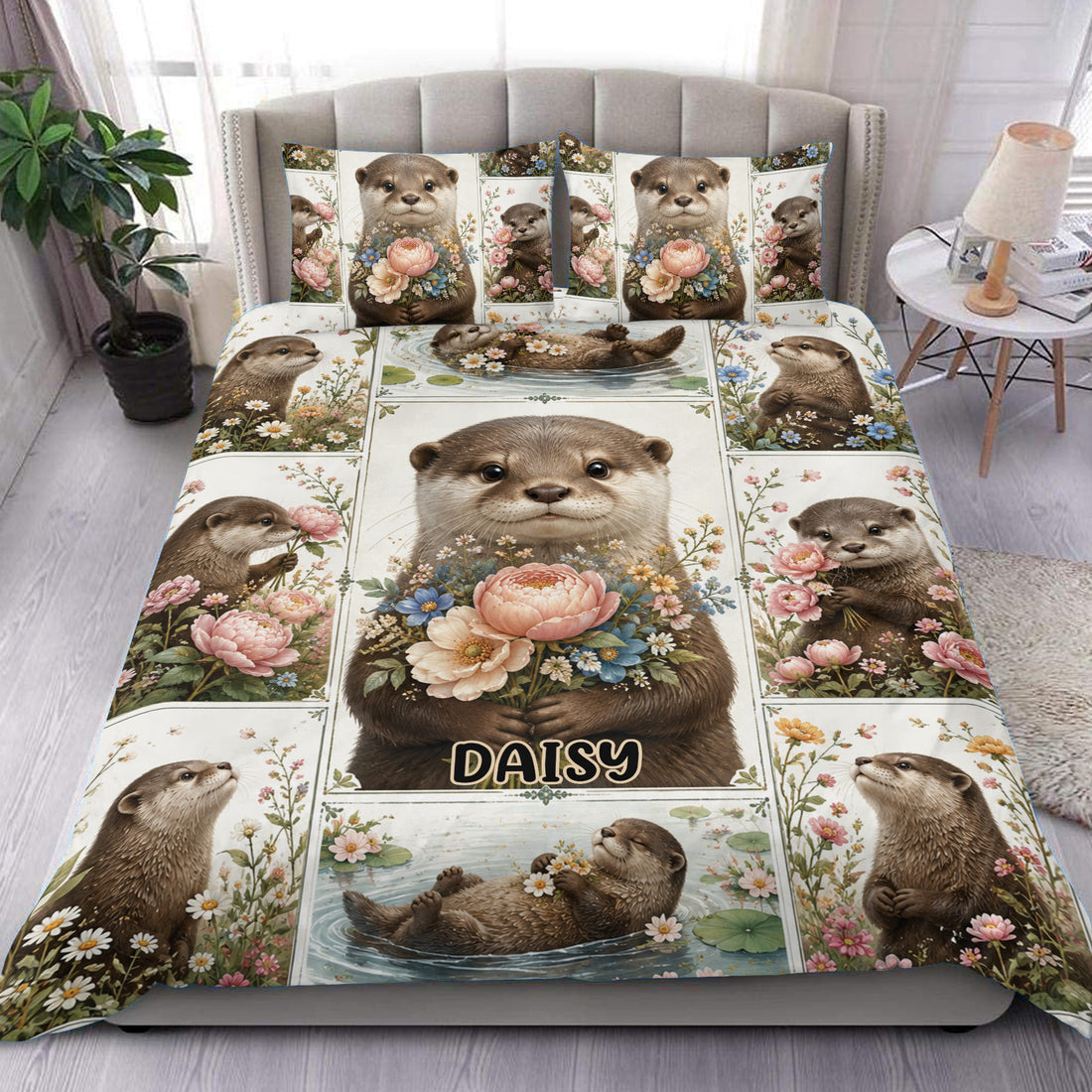 Otter duvet cover set with floral artwork, matching pillowcases, and a cozy bedroom presentation