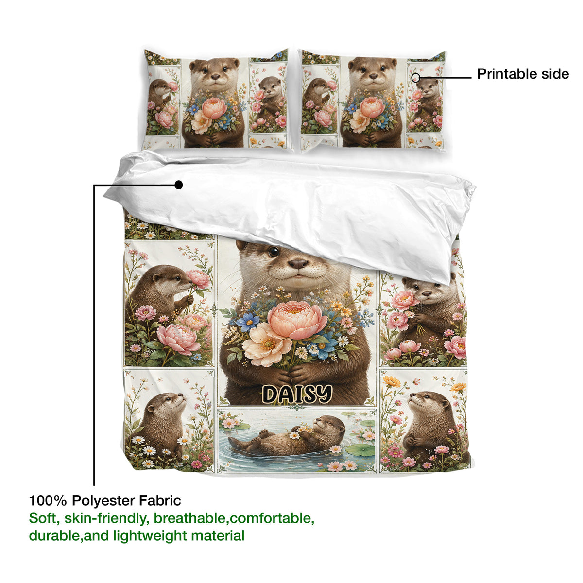 Otter duvet cover set showing the printed front, matching pillowcases, and soft lightweight fabric