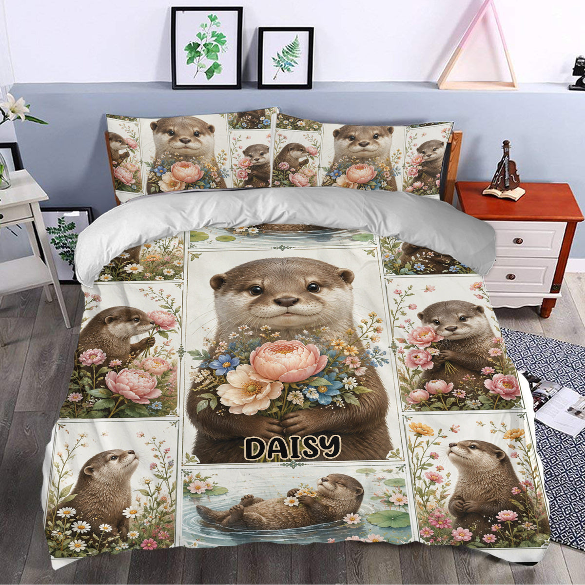 Floral otter duvet cover bedding set styled in a bright bedroom with botanical decor