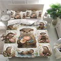 Otter duvet cover set with colorful flowers, water scenes, and matching pillows in a modern bedroom