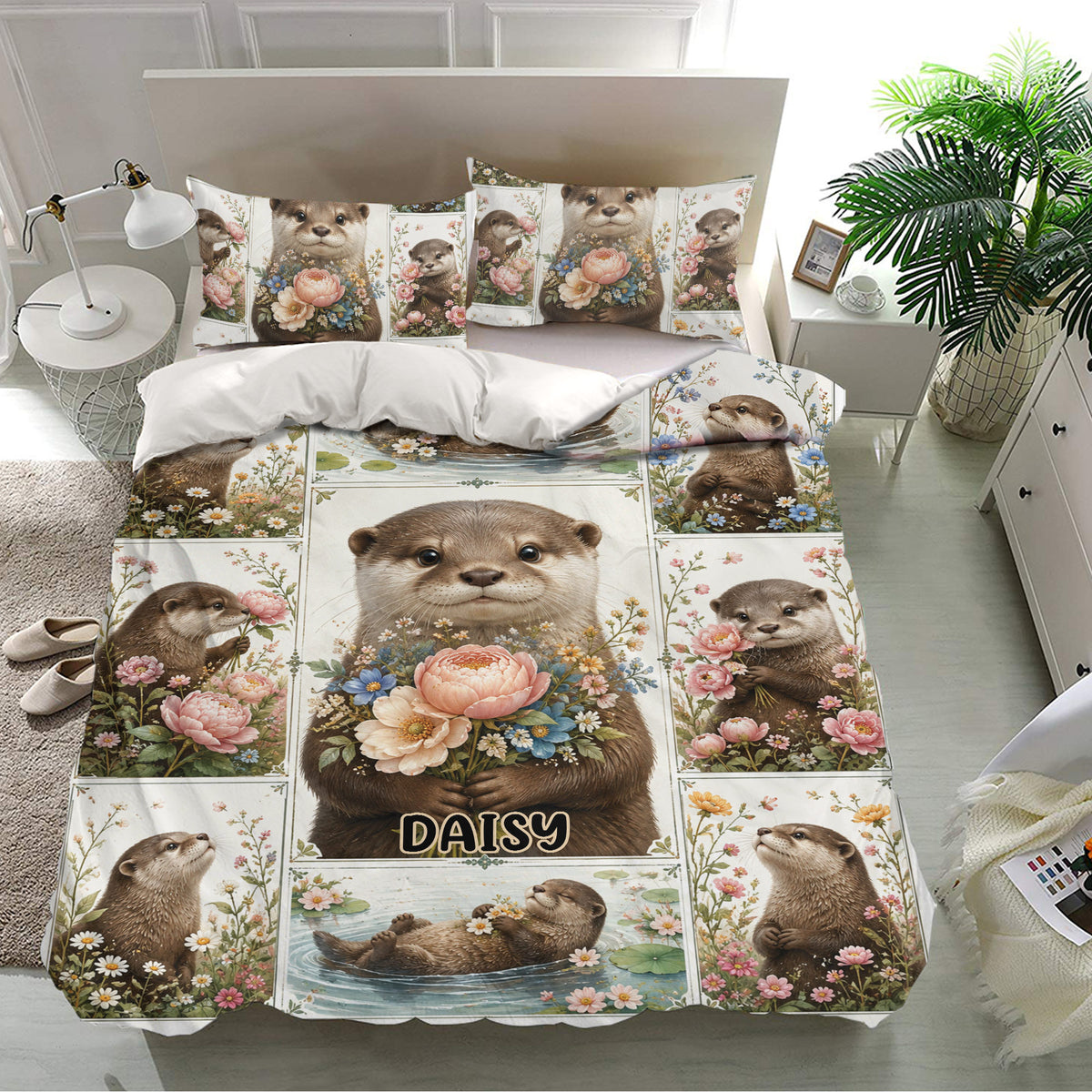Otter duvet cover set with colorful flowers, water scenes, and matching pillows in a modern bedroom