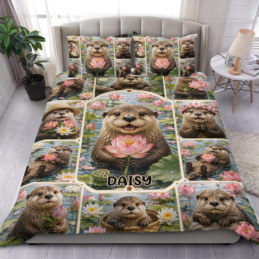 Otter duvet cover set displayed on a bed with lotus flowers, pond scenery, and repeating wildlife artwork
