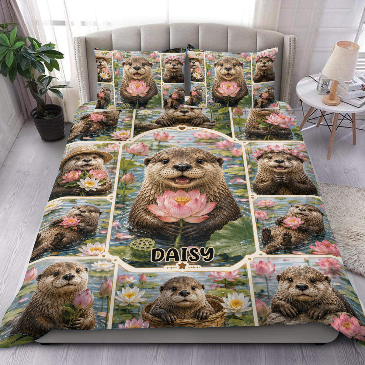 Otter duvet cover set displayed on a bed with lotus flowers, pond scenery, and repeating wildlife artwork