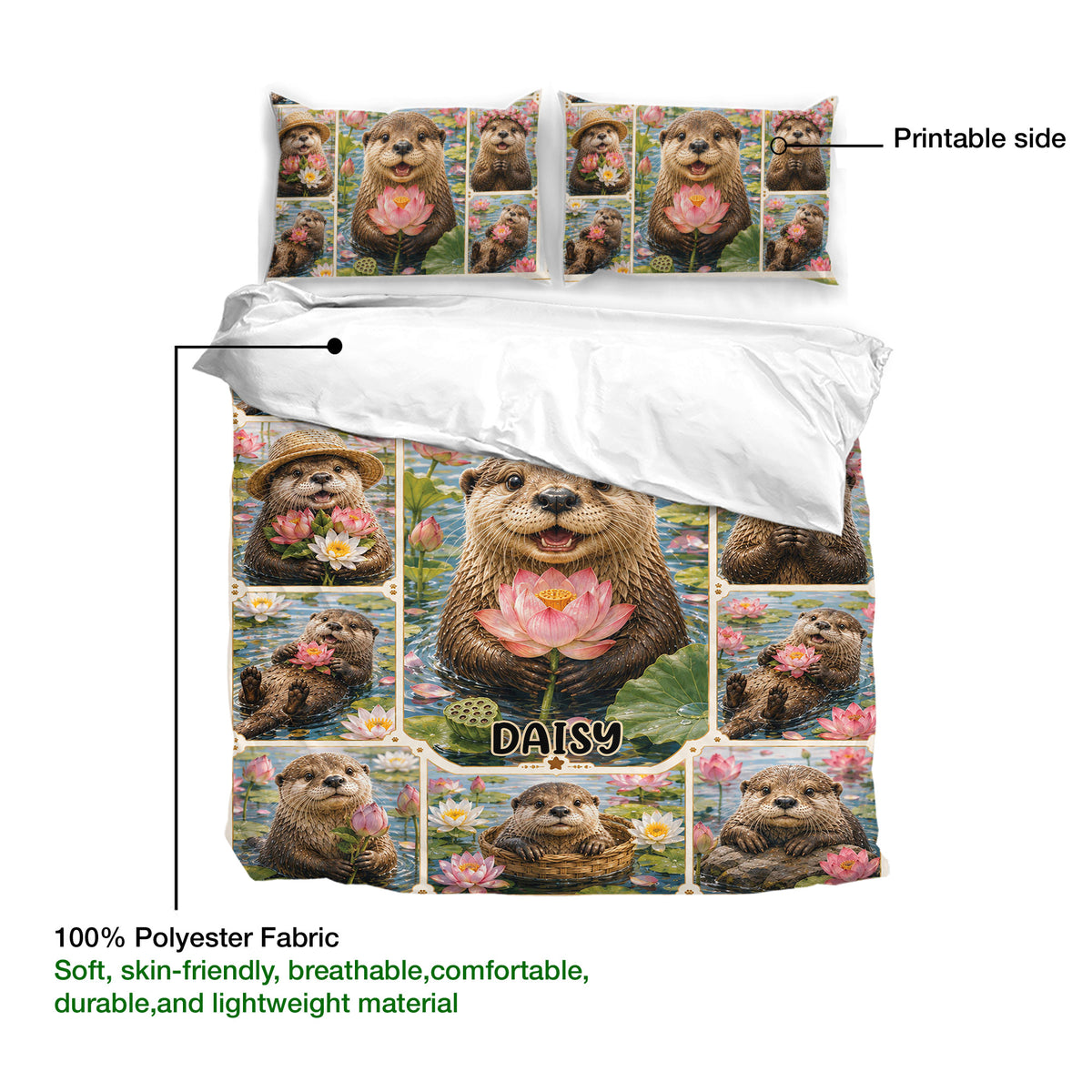 Otter duvet cover bedding set showing printed side, polyester fabric, and lotus pond artwork