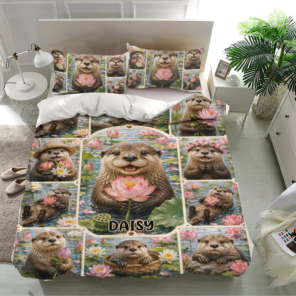 Otter bedding set presented in a bright bedroom with matching pillowcases and colorful lotus pond artwork