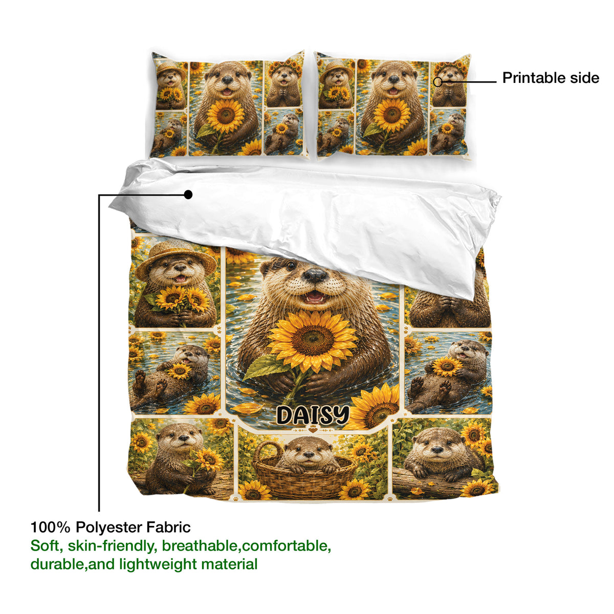 Otter duvet cover and pillowcases shown with printable artwork and soft polyester fabric details
