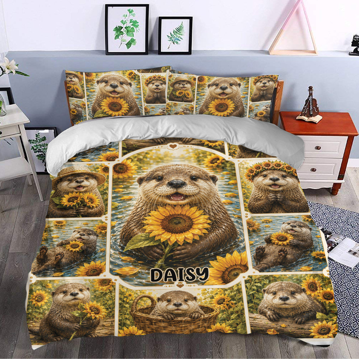 Otter duvet cover set styled in a bedroom with sunflower panels and playful wildlife artwork